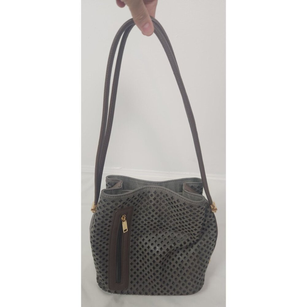 Samoe Classic Lazer Cut Adjustable Grey & Brown Leather Bucket Shoulder Bag